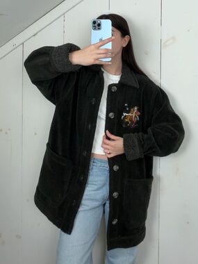 Vintage Disney Green Fleece Chore Jacket Cardigan Sweater Winnie The Pooh Size M
